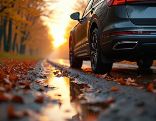 Black car with white license plate parked on rainy day. Glossy finish and reflective windows contrast with wet road. Low angle captures imposing car presence.