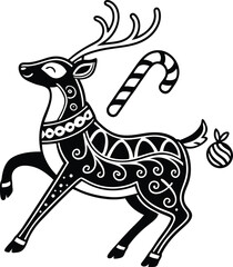 Sure, here is one sentence that describes the image you are looking for:

A charming cartoon illustration of a deer or reindeer with a festive red ribbon and antlers, capturing the spirit of a wild, c