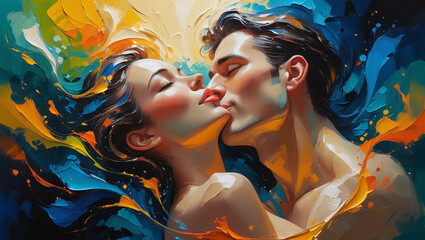 Romantic Oil Painting of a Lovely Couple Sharing a Tender Kiss – Classic Artistic Expression of Love and Passion in Warm Brushstrokes