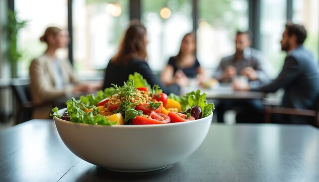 Business professionals enjoy meal at modern office cafe. Diverse coworkers collaborate over colorful salad. Fresh vegetables and urban street scene backdrop.