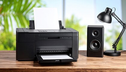 Modern printer and accessories on a wooden desk