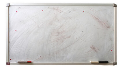 A close-up view of a blank whiteboard featuring faint markings and two dry-erase markers, ideal for brainstorming or teaching sessions.