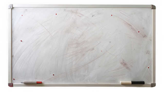 A close-up view of a blank whiteboard featuring faint markings and two dry-erase markers, ideal for brainstorming or teaching sessions.