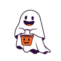 Friendly Halloween Ghost: A charming cartoon ghost, holding a pumpkin-shaped candy pail, embodies the spooky spirit of Halloween with a playful smile.
