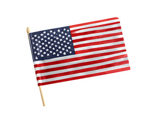 Small american flag on a wooden stick isolated on transparent background