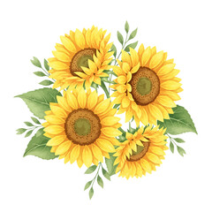 Naklejka premium Watercolor Sunflowers: An illustration of a beautiful watercolor sunflowers with radiant yellow petals and vibrant green leaves, symbolizing warmth, joy, and lasting beauty.