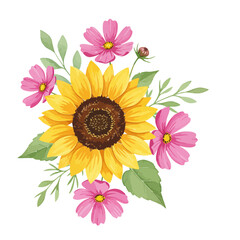 Naklejka premium Vibrant Sunflower Arrangement: A captivating display of a magnificent sunflower, its face a radiant canvas, gracefully accented by delicate pink blooms and verdant foliage.