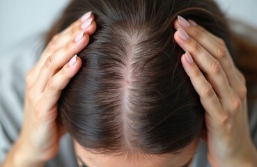 Naklejka premium Woman hand holds sparse hair on scalp, exposing bald spots and patterned hair loss. Female thinning hair concerns and struggles with alopecia, hair care and treatment.