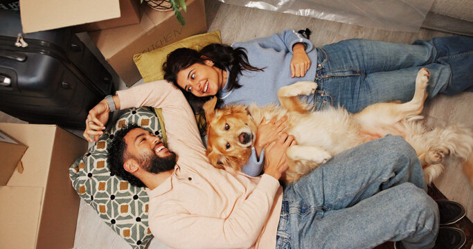 Couple, dog and relax on floor in new house for mortgage success, relocation and bonding together. Above, people and happy with pet in first home for property investment, moving in and achievement