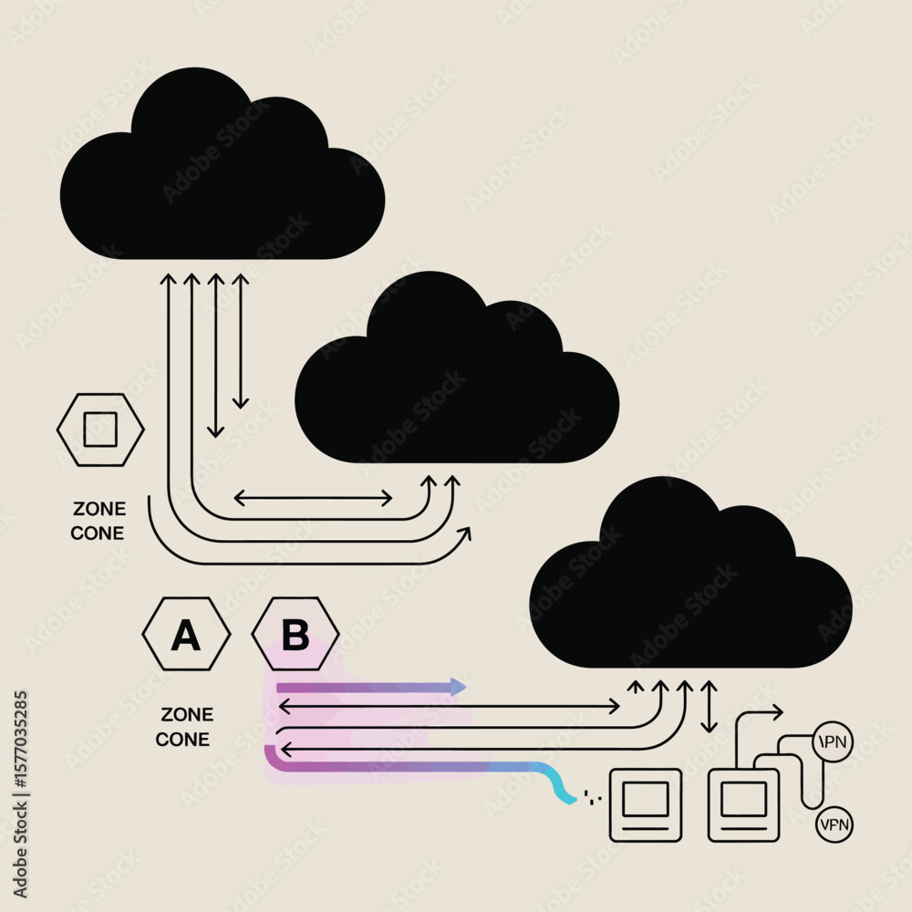 Poster abstract beige background data flow diagram illustrating cloud computing architecture three black cl