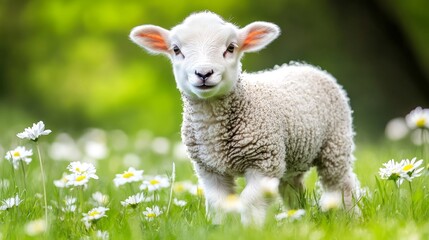 Fototapeta premium Cute Lamb Standing in a Meadow Full of Colorful Spring Flowers