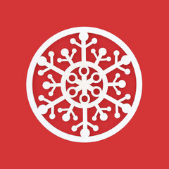 Christmas white snowflake design symbol on red background. Festive retro tree decoration for Yule,...