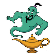 Friendly Green Genie Emerging from Magic Lamp.