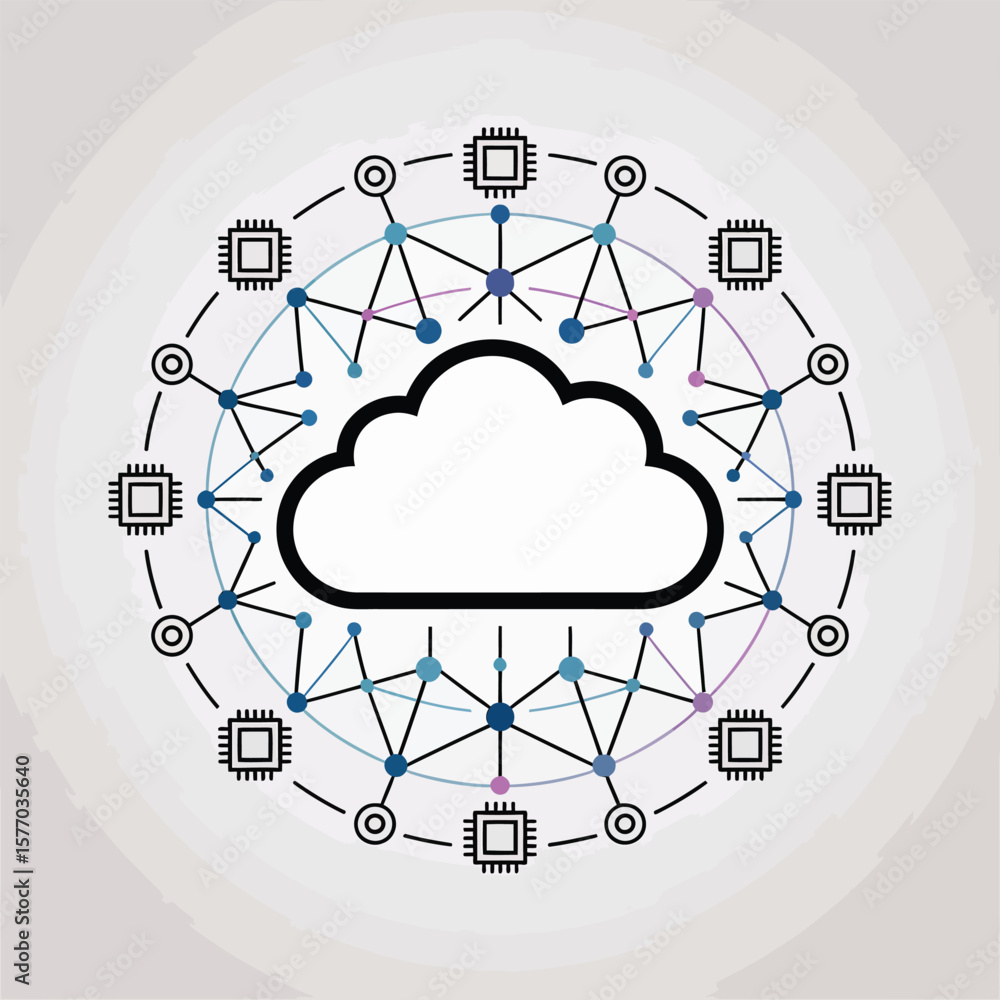 Aufkleber abstract black and white cloud computing network vector graphic with blue purple microchip connectio
