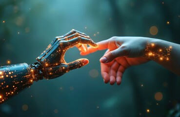 Robot arm extends towards human figure with outstretched hand in close proximity. Human face in left profile, robot hand in gesture of contact. Green background blurred, edges visible. Human-robot