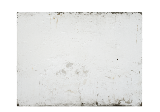 Grungy, distressed white wall, highly textured with visible stains, fine scratches, and dark smudges, isolated on a transparent background with flat studio lighting, ample copy space for design
