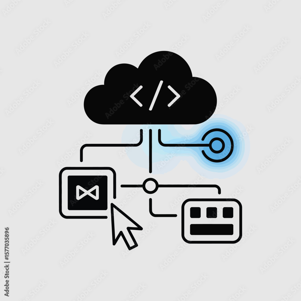 Poster abstract black and white cloud computing system visual representation with glowing blue circle and m
