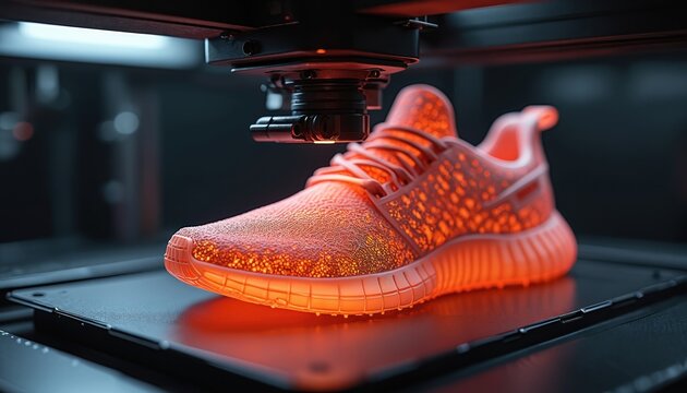 Orange sneakers with white accents on black platform. Pro use shoes with detailed design, black sole, white outsole. High-tech equipment, innovative manufacturing process, advanced laser cutting