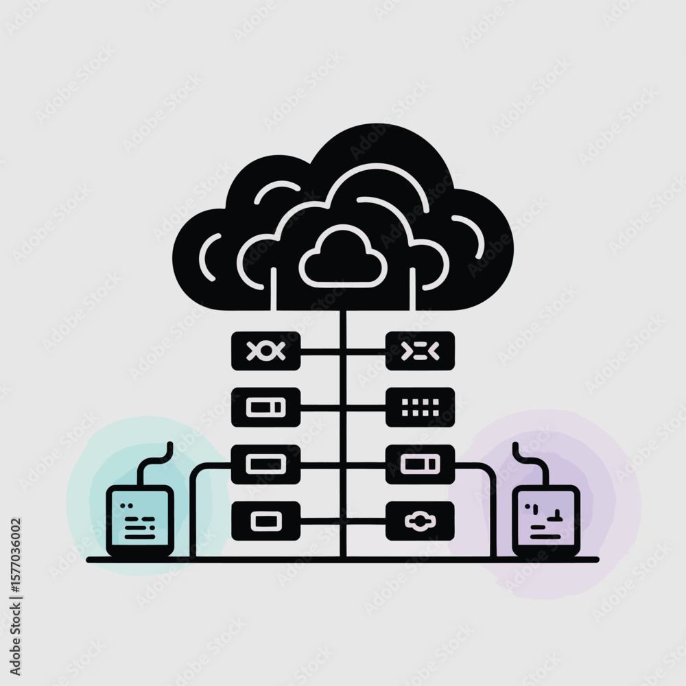 Poster abstract black and white graphic depicting a cloud computing server network data storage transfer sy