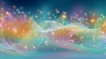 Abstract digital background featuring wavy lines and glowing dots on a soft blue gradient, with dreamy light effects, sparkling bokeh, high clarity, and elegant minimalist vector design style.
