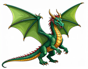 Fantasy Dragon Illustration on White Background – Mythical Creature with Wings, Scales, and Fierce Expression, Isolated Vector Art for Fantasy Design, Game Assets, or Mythology Themes

