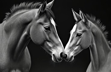 Obraz premium Majestic mare and foal stand side by side, bodies parallel, manes and tails flowing. Black and white image highlights regal features of horses. Simple background emphasizes equine beauty.
