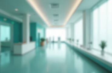 Modern hospital lobby interior with blurred background, soft lighting, peaceful atmosphere. Green ceiling, white blinds, gray pillar create calming ambiance. Potted plants add natural touch to