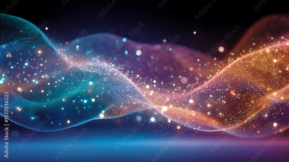 Poster abstract digital background featuring wavy lines and glowing dots on a soft blue gradient, with drea