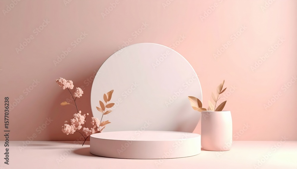 Poster elegant minimalist display with white circles and floral accents in a soft pink setting for product 