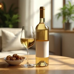 Bottle of white wine with gold cap sits on wooden coffee table. Glass of white wine, bowl of roasted almonds nearby. Potted plant adds plants to cozy living room. Window on right side glimpse of
