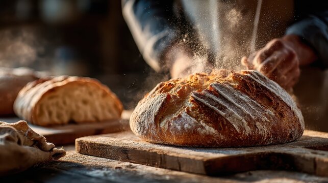 Fresh baked loaf of bread sits on a rustic wooden board with flour dusting. Showcases baking, culinary arts, or the comfort of homemade goods.