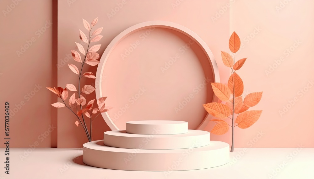 Poster minimalist display setup with circular pedestals and autumn leaves modern studio visual art composit