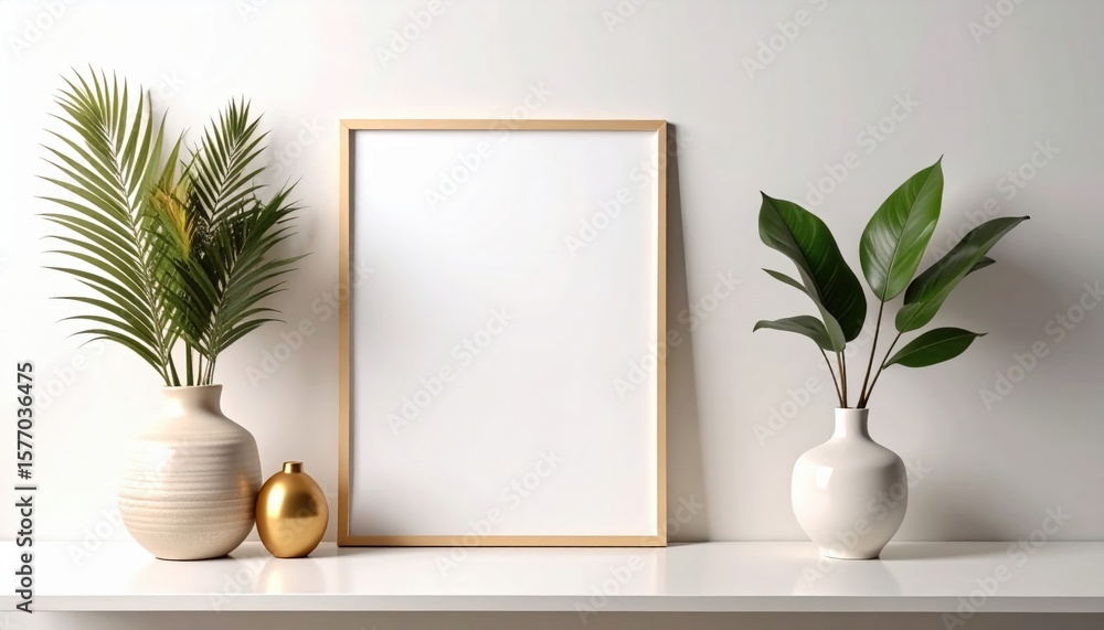 Poster elegant greenery display with empty frame modern interior home decor minimalist style front view aes