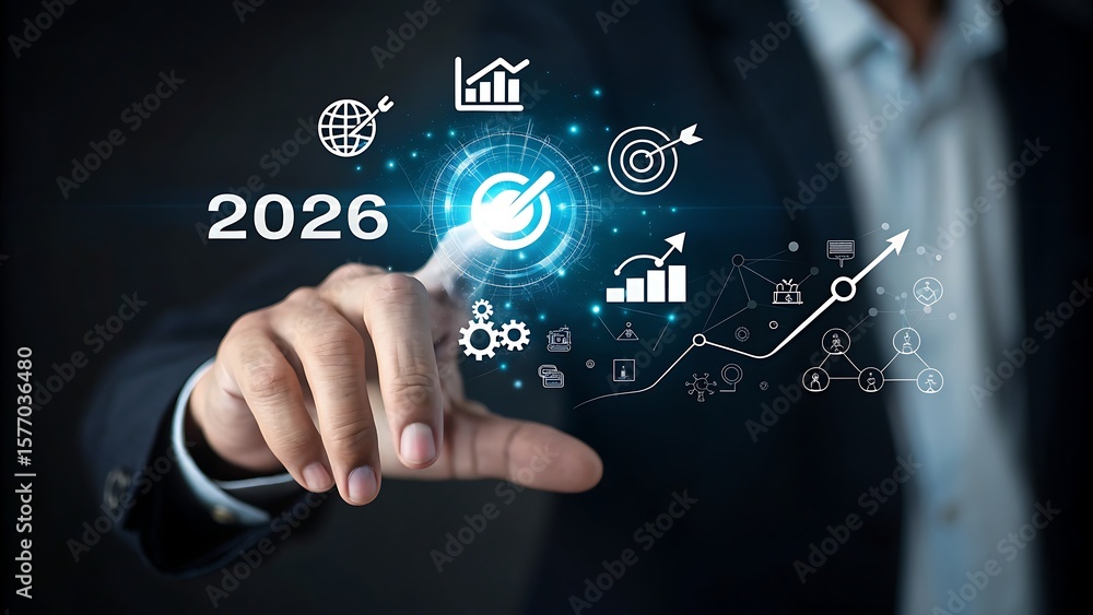 Poster predicting future growth: man interacting with virtual projection of 2026 with data, objectives and 