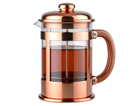3D Render of Elegant Copper French Press Coffee Maker with Wooden Handle, isolated on transparent background PNG - Powered by Adobe