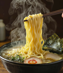 Steam rising from a bowl of ramen, focus on noodles being lifted with chopsticks, macro texture of toppings

