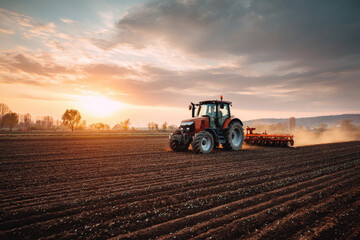 Fototapeta premium Tractor drives across large field making special beds for sowing seeds into purified soil. Agricultural vehicle works at sunset in countryside