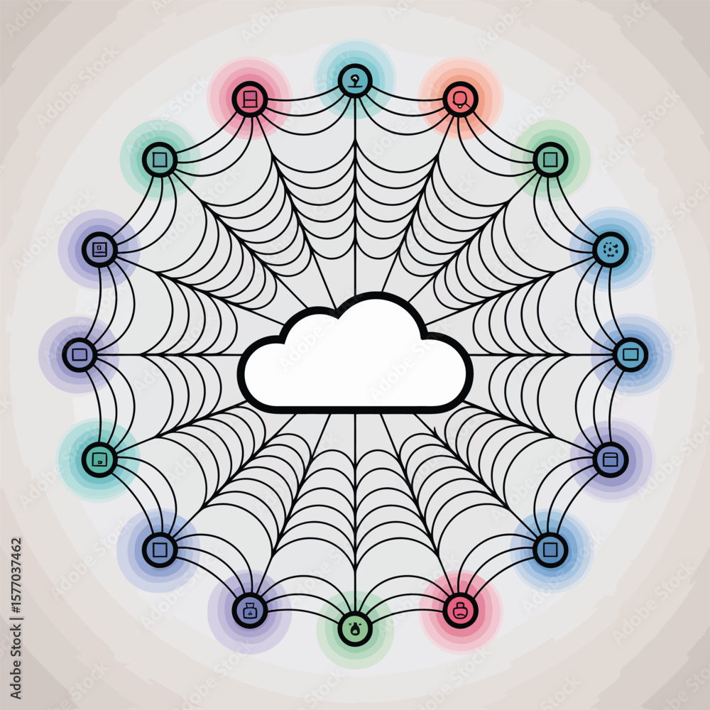 Poster abstract cloud computing network graphic central white cloud connected circular web colored nodes da