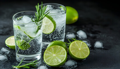 Fototapeta premium Mineral water with lime, ice and rosemary on a black background, detox soda water recipe