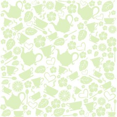 Green tea background. Seamless pattern with tea pots and tea cups.Good for textile fabric design, wrapping paper, website wallpapers, textile, wallpaper and apparel. Vector Illustration