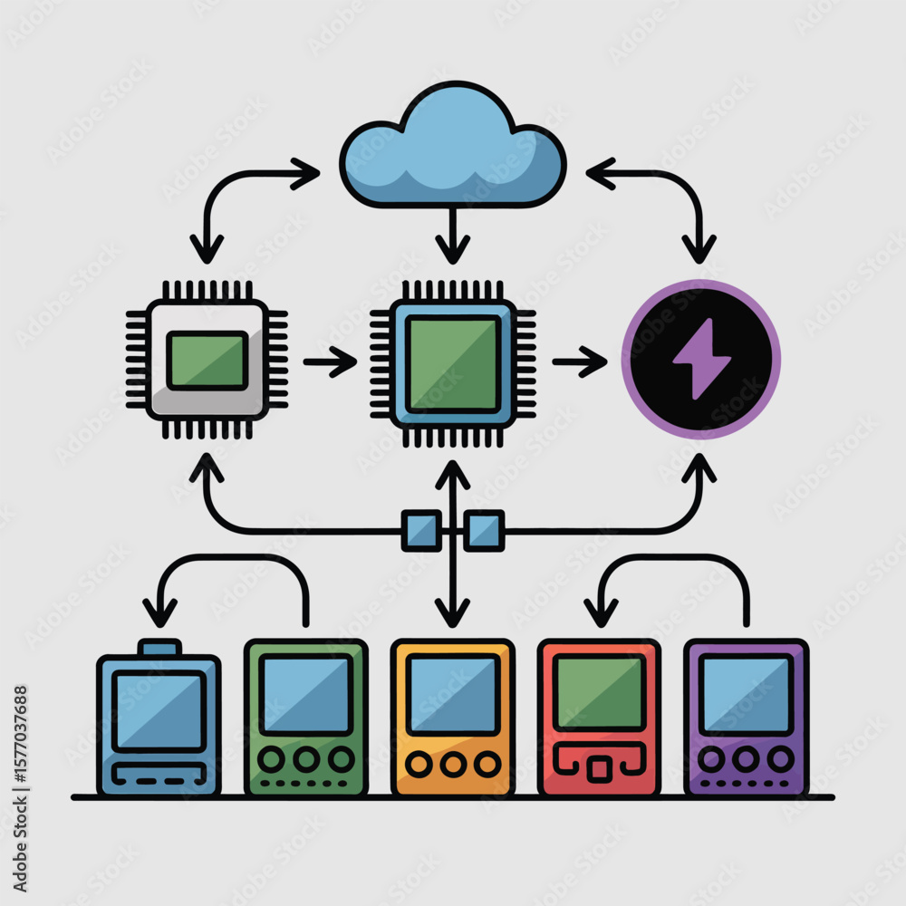 Poster abstract cloud computing system architecture illustration featuring data flow from a blue cloud serv