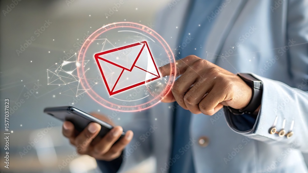 Poster professional using mobile device with digital mail icon, modern communication and connection concept