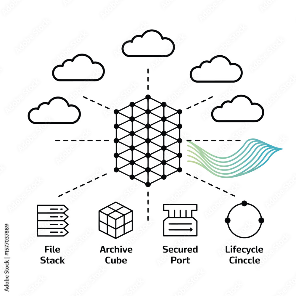 Poster abstract data filtering network illustration featuring a central hexagonal node connected to cloud i