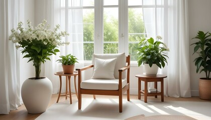 Naklejka premium An inviting living room bathed in natural light, showcasing a cozy armchair and fresh plants.