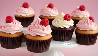 Delicious cupcakes with creamy frosting and fresh raspberries are arranged elegantly on a cake stand.