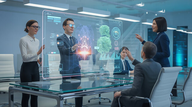 Business Professionals Interacting with Holographic Display in Conference Room