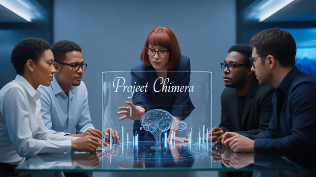 Diverse Team Discussing "Project Chimera" with Holographic Brain Display