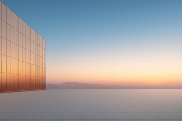 Minimalist Sunset Terrace with Glass Facade and Mountain View