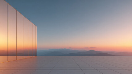 Minimalist Sunset Terrace with Glass Facade and Mountain View