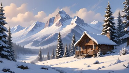 Fototapeta premium A peaceful snow-covered cabin rests below towering, snow-capped mountains and evergreen trees.